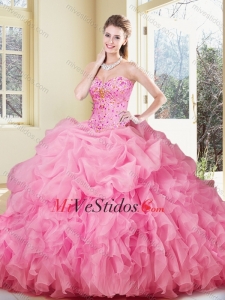 Precioso Vestido de bola rosa de Rose Vestidos de quinceañera con Volantes y Pick Ups