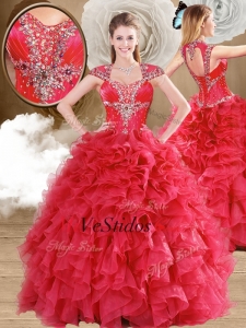 2016 Rebordear elegante y Ruffles Quinceañera Vestidos en Red