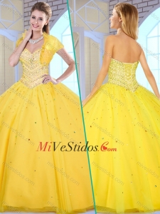 2016 Balón vestido elegante dulce amarilla 16 Vestidos con rebordear