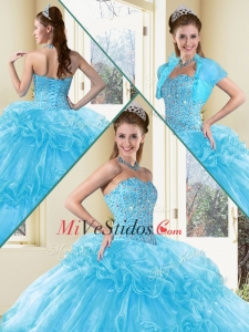 Elegante Vestido de bola Dulces 16 Vestidos con rebordear y capas rizadas en Aqua Blue
