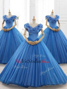 Azul clásico fuera del hombro largo Quinceañera vestidos con apliques