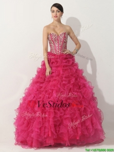 Visible deshuesado Rosa Caliente vestido de quinceañera con beading y volantes