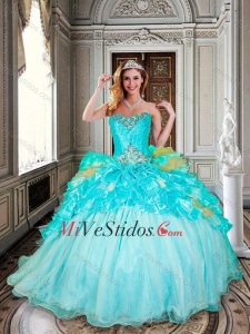 Hermoso vestido de bola Azul Aqua Vestidos de quinceañera con Volantes y Rebordear