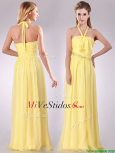 Vestido precioso Atado al cuello de gasa acanalada largo Dama en amarillo