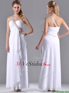 Moda imperio de un hombro gasa cremallera lateral vestido blanco Dama con rebordear