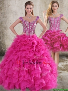 Clásica volantes y blusa moldeada desmontable vestido de quinceañera en rosa fuerte