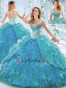 Hermoso de organdí azul desmontable vestido de quinceañera con Volantes y rebordear