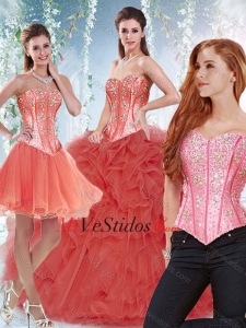 Populares con cuentas blusa y rizadas desmontables de Quinceañera Vestidos en Coral Rojo
