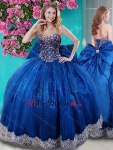 Vestido de bola única Lentejuelas Bowknot y moldeado del Real vestido de quinceañera azul con cariño