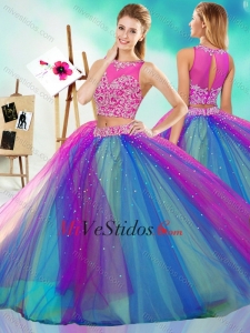 Arco iris grande de color Puffy desmontable vestido de quinceañera con ver a través de