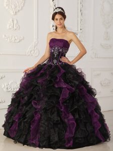 Púrpura Y Negro Vestido De Fiesta Estrapless Hasta El Suelo Tafetán Y Organdí Bordado Vestido De Quinceañera