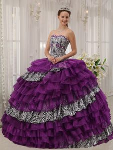 Púrpura Vestido De Fiesta Dulceheart Hasta El Suelo Zebra Y Organdí Bordado Vestido De Quinceañera