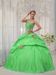 Verde Vestido De Fiesta Estrapless Hasta El Suelo Tafetán Bordado Y Hand Floress Vestido De Quinceañera