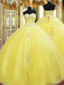 Los vestidos de bola amarillos elegantes que rebordean y appliques 15 vestido del quinceanera atan para arriba la longitud sin mangas del piso de Tulle