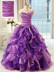 piso longitud berenjena púrpura quinceanera vestidos organza sin mangas rebordear y volantes