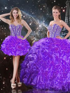 vestidos de fiesta 15to cumpleaños vestido berenjena púrpura sweetheart organza longitud sin mangas del piso atan para arriba