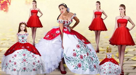 blanco y rojo de organza y tafetán hasta el vestido de baile vestido de baile sin mangas cepillo tren bordado y capas de rizado