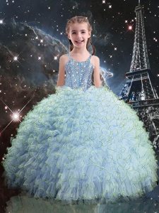 El vestido azul claro sin mangas del desfile de la niña de los vestidos de bola de la longitud del piso de la venta calientes ata para arriba