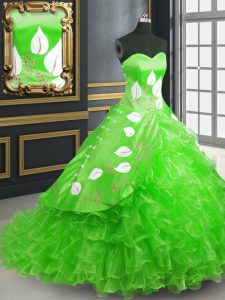 El tren sin mangas elegante del cepillo del organza ata para arriba los vestidos del quinceanera en verde con bordado