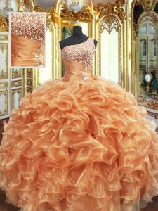 longitud del piso de los vestidos de bola sin mangas de color naranja quinceañera 15 vestido de encaje
