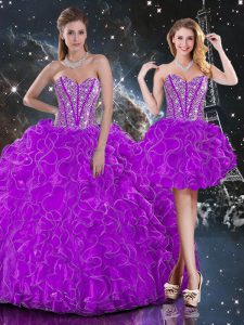 púrpura ata para arriba dulce 16 vestidos que rebordean y ruffles longitud sin mangas del piso