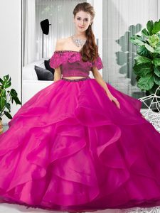 Mejor longitud del piso de color rosa caliente vestido de fiesta vestido de fiesta de los hombros sin mangas hasta el cordón