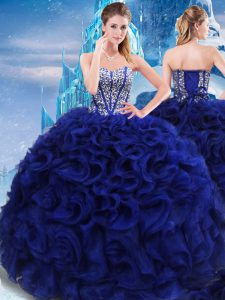 El azul real de lujo ata para arriba el vestido del baile de fin de curso del vestido de bola que rebordea longitud sin mangas del piso