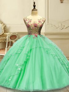 Sumptuosa longitud sin mangas del piso de Tulle ata para arriba dulce 16 vestido del quinceanera en verde con appliques