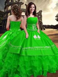 Simple verde sin mangas de longitud del piso de bordado y volantes capas de cremallera vestido de fiesta vestido de baile