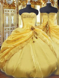 longitud del piso de los vestidos de bola vestido sin mangas del oro 15to cumpleaños ata para arriba