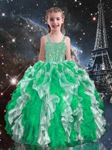 verde ata el vestido del desfile de las niñas que rebordea y ruffles la longitud sin mangas del piso