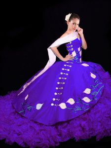 organza púrpura hasta el vestido de baile vestido de fiesta sin mangas cepillo bordado tren y volantes