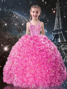 Admirable color de rosa rosado los vestidos de bola organza las correas sin mangas que rebordean y rizan la longitud del piso atan para arriba el vestido del desfile del niño