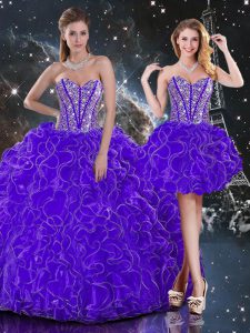 Los vestidos de bola asequibles 15 vestido del quinceanera púrpura organza longitud sin mangas del piso del cordón atan para arriba