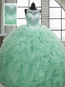 Vestido de quinceañera de los vestidos de bola verdes elegantes de la bola de organza de la cucharada sin mangas y de las colmenas de la longitud del piso de las colmenas