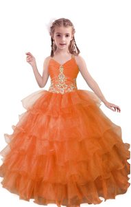 Vestidos de fiesta clásicos vestido de fiesta de los niños de color naranja v-cuello de organza sin mangas de la longitud del piso cremallera