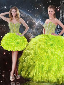 organza verde amarillo hasta el dulce dulce 16 vestido de quinceañera sin mangas de longitud del piso perlas y volantes