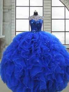 longitud del piso vestidos de bola sin mangas azul real vestidos de quinceanera cremallera