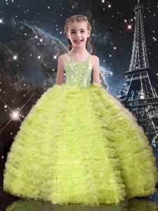 amarillo verde sin mangas de longitud del piso perlas y capas de rizado hasta el vestido de desfile niña