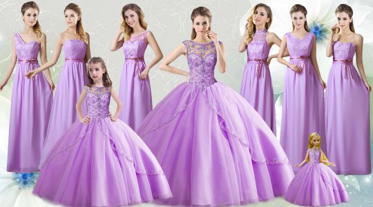 La longitud sin mangas popular del piso que rebordea ata para arriba el vestido del baile de fin de curso del vestido de bola con lila