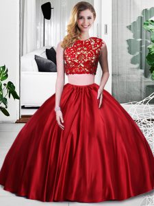 Fantástico encaje y arrugado dulce 16 quinceanera vestido de vino rojo de cremallera sin mangas de longitud del piso