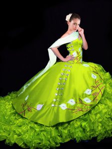 organza verde amarillo ata hasta dulce 16 vestidos sin mangas cepillo tren bordado y volantes