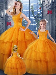 Bellas naranja vestido de baile de organza correas sin mangas rizado capas de longitud del piso hasta los vestidos de quinceañera