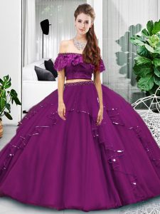 Gloriosa dos piezas quinceanera vestido de berenjena púrpura de la longitud del piso de tul sin mangas hombro hasta