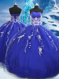 Los mejores vestidos de bola azules longitud sin mangas del piso del organza del amor atan para arriba el vestido del baile de fin de curso del vestido de bola de los appliques