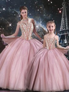 Vestidos de baile de lujo 15 vestido de quinceañera rosa tul sin mangas longitud del piso de encaje hasta
