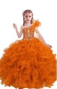 naranja organza rojo hasta un hombro sin mangas de longitud del piso niña vestido de desfile rebordear y volantes