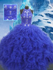 Los vestidos de bola azules del vintage que rebordean y rizan el vestido dulce del quinceanera 16 atan para arriba la longitud sin mangas del piso del organza