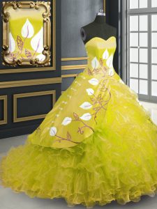 Precioso vestido de gala amarillo bordados y volantes vestidos de quinceañera encaje hasta organza sin mangas