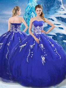 Flare longitud sin mangas del piso del organza atan para arriba el vestido de quinceanera en azul con los appliques